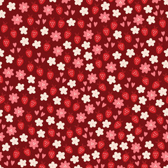 Valentine's Day seamless pattern with flowers, strawberries and hearts on dark red background. Perfect for wallpaper, gift paper, romantic greeting cards. Vector hand drawn illustration