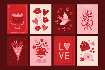 Valentine's Day greeting cards with cake, flowers, hearts, swallow, bow, bouquet, love letters in Red, Pink and White. Perfect for holiday decoration. Vector illustration