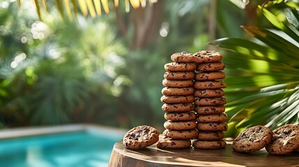 Chocolate chip cookies stacked neatly on a rustic table with poolside tropical plants
