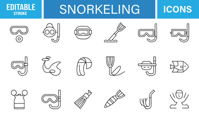 Modern Outline Snorkeling Icon Pack Depicting Diving Masks, Tubes, Fins, Marine Shapes, Water Splashes, and Aquatic Equipment