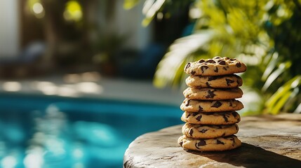 Chocolate chip cookies stacked neatly on a rustic table with poolside tropical plants