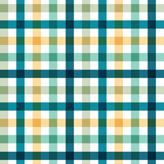 Seamless vector plaid pattern in teal, green, blue, and orange.