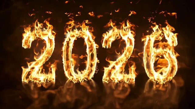 Intense and realistic animation of the year 2026 numbers completely engulfed in fierce orange-yellow flames and smoke, with a heat haze and clear reflection on a dark surface, symbolizing power, passi