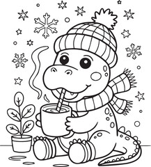 Adorable dinosaur sips hot cocoa during snowy winter