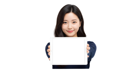 Attractive young Asian woman warmly smiles directly at the viewer, confidently presenting a sleek blank digital tablet screen perfect for showcasing new applications or innovative services