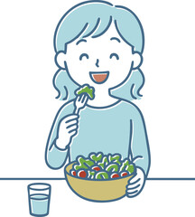 サラダを食べている女性のイラスト