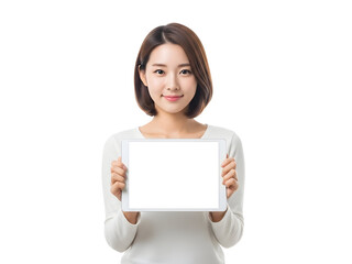 Naklejka premium Smiling young Asian woman confidently holds a blank digital tablet screen perfect for displaying your innovative content and modern technology presentations