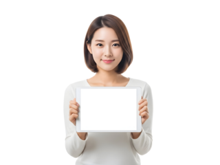 Smiling young Asian woman confidently holds a blank digital tablet screen perfect for displaying your innovative content and modern technology presentations