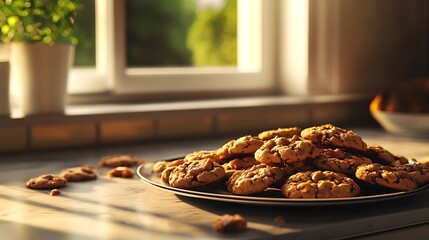 Chocolate chunk cookies with caramel filling dramatic lighting modern aesthetic kitchen counter near window