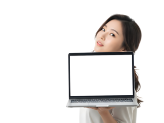 Smiling young Asian woman confidently displays a modern laptop with a blank screen for customizable content presentation, perfect for showcasing digital information and interactive concepts