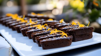 Chocolate coated biscotti with orange zest garnish elegant dessert table on modern outdoor