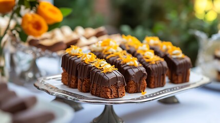 Chocolate coated biscotti with orange zest garnish elegant dessert table on modern outdoor