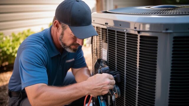 Technician checks the air conditioner system next to a home. HVAC condenser technical inspection