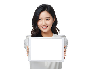 Young professional Asian woman smiling while presenting a blank digital tablet for showcasing information and modern technology solutions