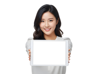Young professional Asian woman smiling while presenting a blank digital tablet for showcasing information and modern technology solutions