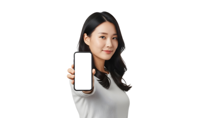 Professional young adult woman confidently presents a modern smartphone with a clean blank screen ideal for showcasing new mobile applications or digital information content