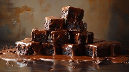 Chocolate covered brownie squares glossy and rich textures on hotel sitting