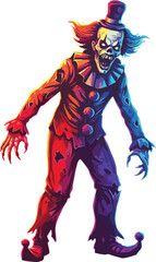 Sinister clown character, creepy grin, red blue costume, wild orange hair, top hat, horror fantasy concept, surreal Halloween illustration