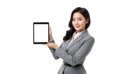 Smiling Asian businesswoman presents digital tablet with blank screen for marketing and content display a perfect visual for modern business technology demonstrations