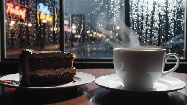 A slice of chocolate layer cake and a steaming white cup of coffee sit on a wooden table before a window covered in raindrops with blurry city lights in the background