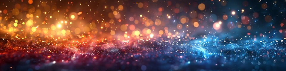 Panoramic view of cosmic nebula with colorful stardust and glowing particles