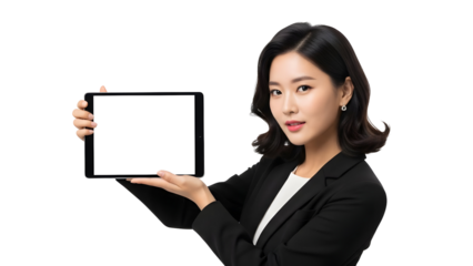 Professional elegant Asian businesswoman confidently presenting a digital tablet with a blank screen providing essential copy space for modern technology advertisements and innovative business