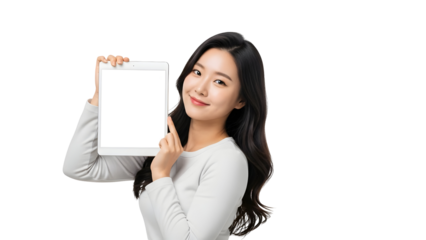 Attractive young woman confidently presents a blank digital tablet screen for versatile content display pointing with her finger indicating space for your message or application showcasing modern