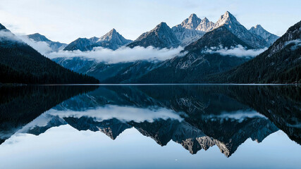 Mountain Lake Mirror Reflection on the river winter sky