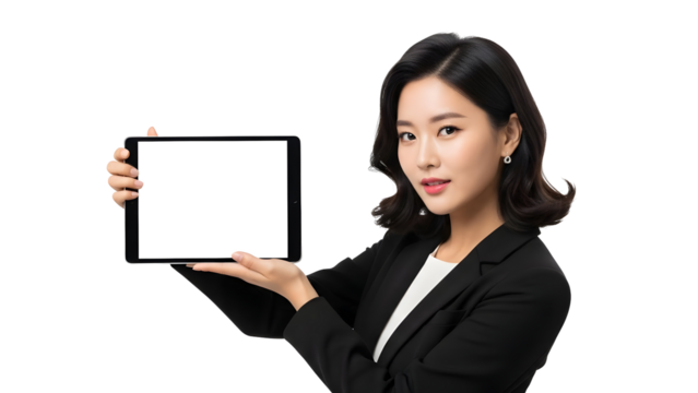 Professional elegant Asian businesswoman confidently presenting a digital tablet with a blank screen providing essential copy space for modern technology advertisements and innovative business - Powered by Adobe