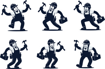 Smiling construction worker holding hammer and toolbox, handyman cartoon character design, contractor mascot pose collection - flat vector illustration