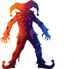 Fototapeta premium Sinister jester illustration, gradient color costume, creepy grin, horror fantasy character, symbolic clown design, eerie symmetrical artwork, Halloween concept