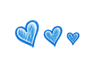 hyperdetailed macro photo of three varying sized blue crayon hearts drawn in a childlike sketchy style on stark white paper with extensive copy space. concept of pure innocence and heartfelt love