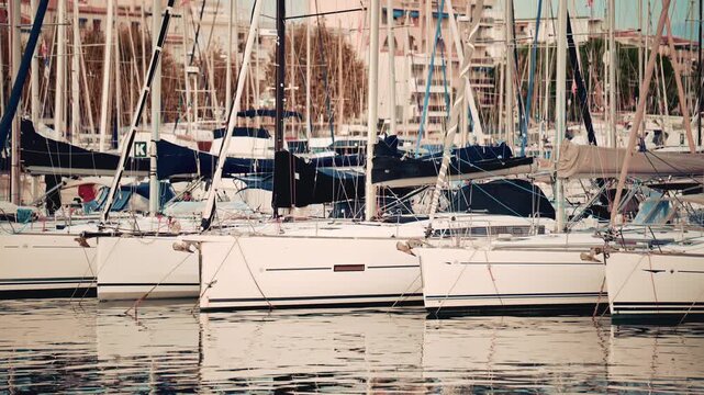 A dense line of white sailboats is moored side by side in a marina