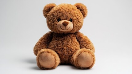 Obraz premium Fluffy Brown Teddy Bear Sitting Center Against a Clean White Background Studio Portrait Detailed Texture Soft Lighting Adorable Childhood Toy