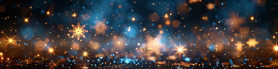 Panoramic Winter Scene with Soft Golden and Blue Bokeh Lights