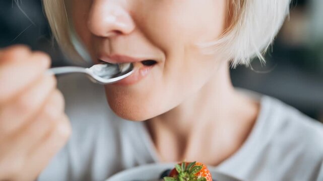 Closeup of woman enjoying healthy snack of fresh berries with spoon, delighting in yogurt topped with fruit for nutritious treat