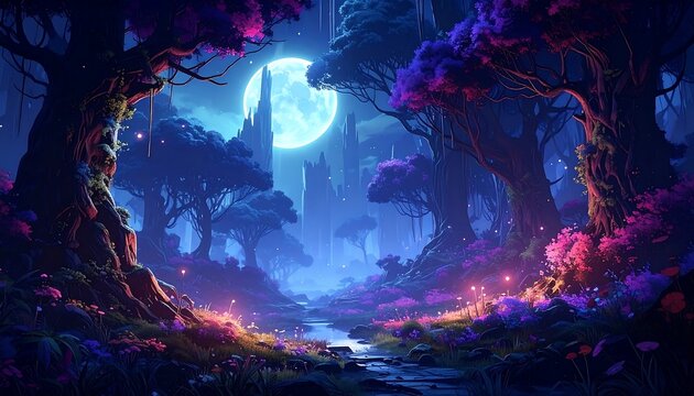 Enchanted forest path under a full moon with glowing flora and looming silhouettes of fantasy castle ruins