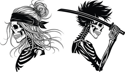 Stylized skeletons, katana pose, spiky hair, bun and headband, expressive grin, black and white, fantasy combat, gothic art, warrior spirit, character design