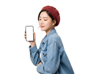 Stylish young woman in a beret proudly presenting a modern blank smartphone screen for custom app display promoting digital marketing and mobile technology solutions