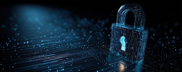A glowing digital padlock surrounded by data streams in a cyber environment, symbolizing cybersecurity and data protection.