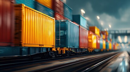 Fototapeta premium A dynamic view of colorful shipping containers on a train track, showcasing movement and industrial transport.