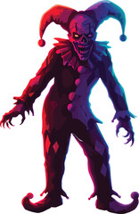 Sinister skeletal jester, horror fantasy character, creepy grin, red blue costume, eerie Halloween concept, dramatic lighting, symbolic clown illustration