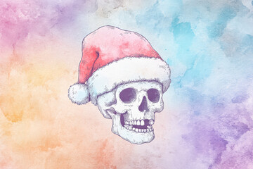 Artistic skull wearing a Santa hat on colorful watercolor background.