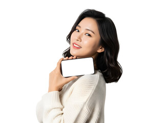 Smiling young woman presenting smartphone with blank screen for app promotion showcasing modern mobile technology and digital content display application interface
