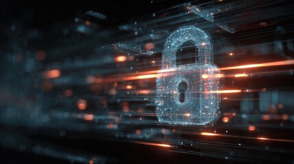 A digital representation of a padlock surrounded by glowing lines, symbolizing cybersecurity and data protection in a futuristic setting.