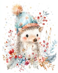 Adorable hedgehog surrounded by colorful flowers.