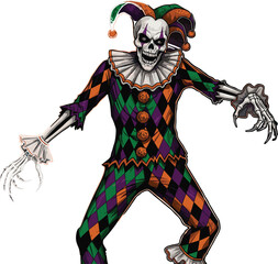 Sinister skeleton jester, colorful diamond costume, eerie grin, clawed hands, horror fantasy character, Halloween concept, stylized circus illustration