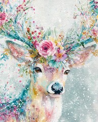 Colorful deer adorned with flowers and nature.