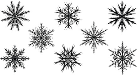 Snowflake silhouette icons, winter decoration vector, black graphic clipart, festive symmetrical shapes, seasonal design, holiday ornament, geometric pattern set