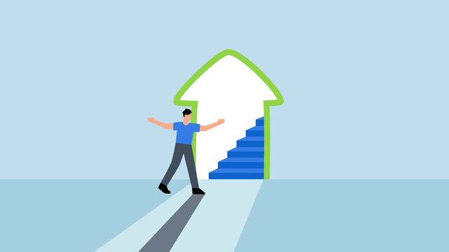 Stairway to new opportunity, 4k animation of businessman open arrow up door to walk up stair to success.